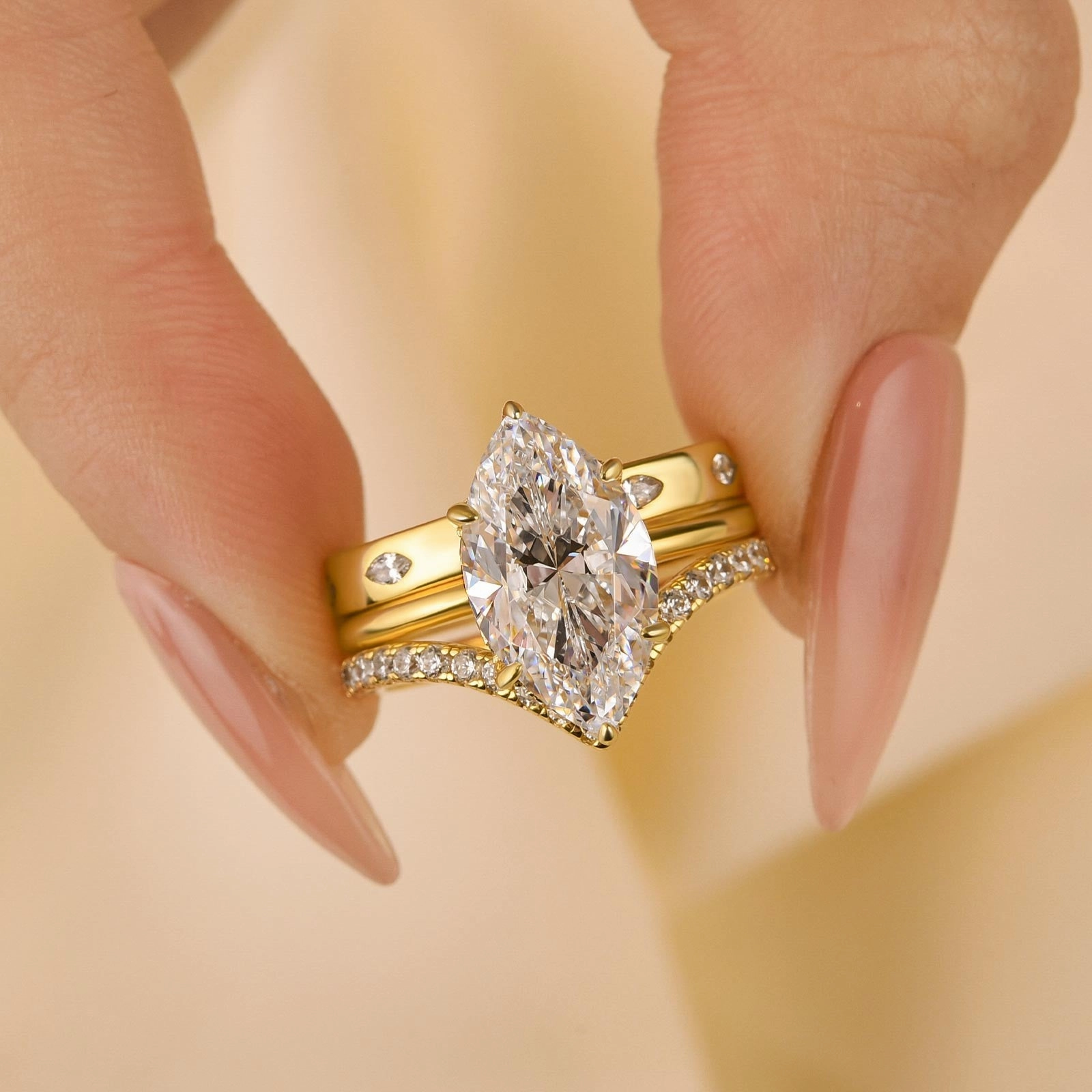 3PC Marquise Cut Yellow Gold Wedding Ring Set With Vintage Wedding Bands Cool Chic Perfect Pair