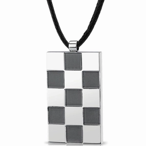 Brushed Matte Finish Checkered Design Stainless Steel Tag Pendant With Adjustable Black Cord Soft Accent