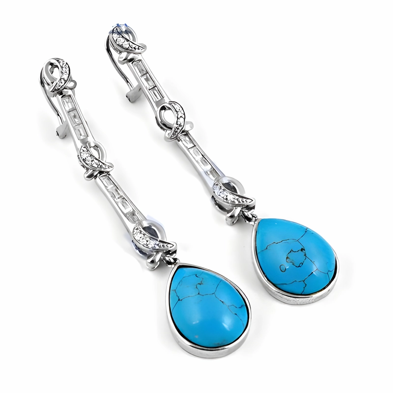 Simple Ornament Bright Accent Stunning CZ Synthetic Turquoise Gemstone Silver Earrings - Shop Now