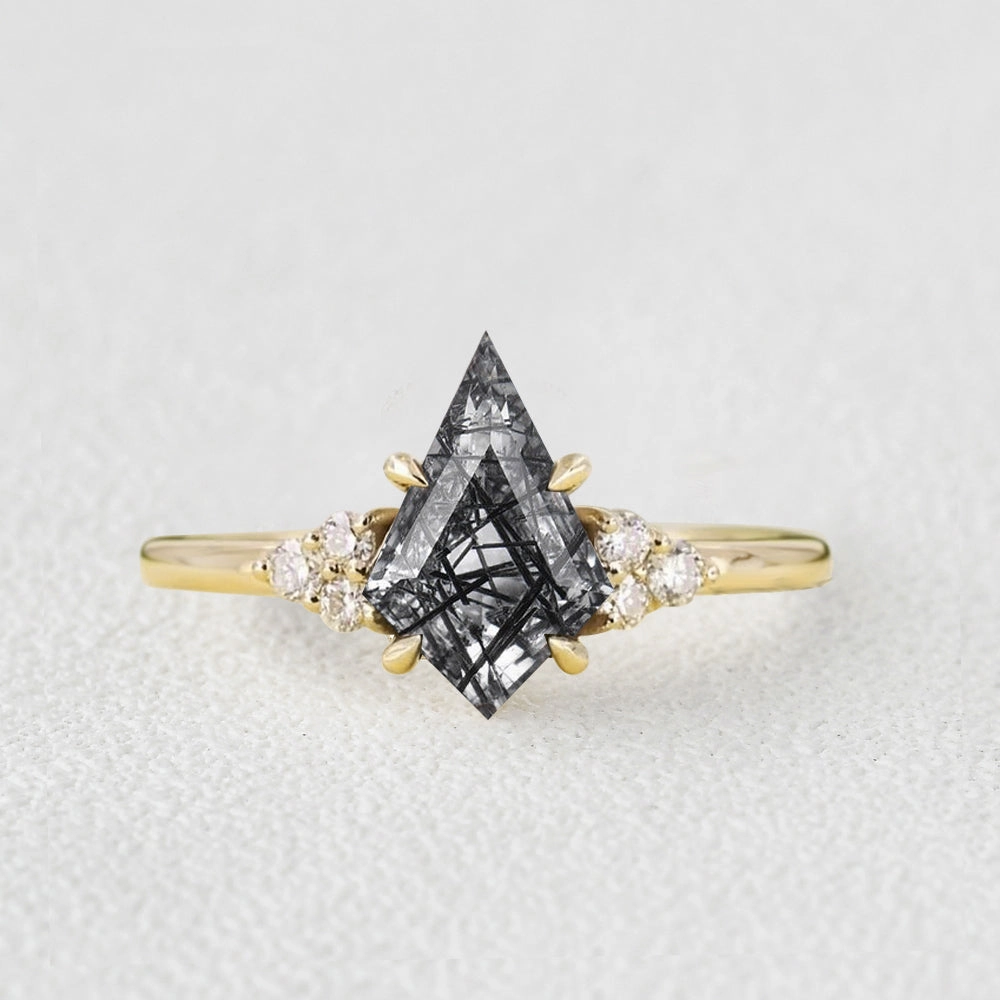 Kite Cut Black Rutilated Quartz Four-Prong Engagement Ring Glamour Effect