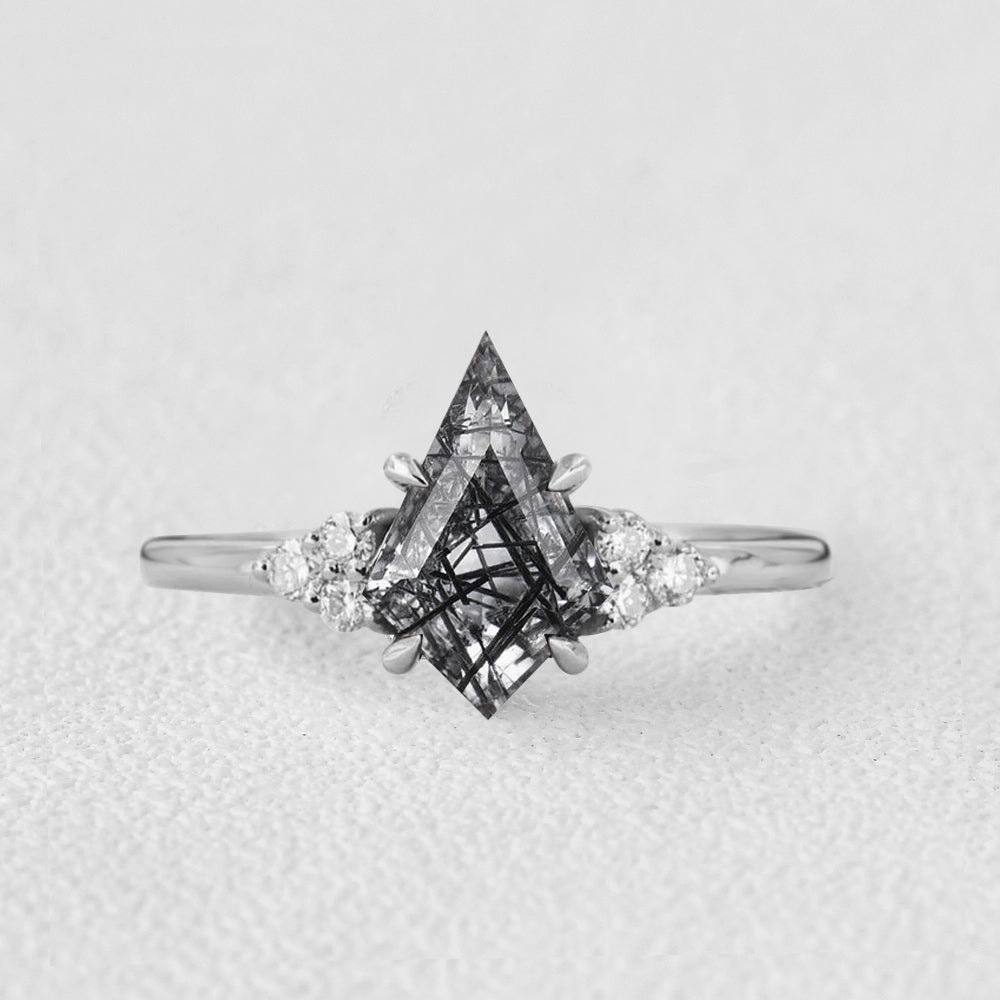 Modern Detailing Alluring Charm Kite Cut Black Rutilated Quartz Four-Prong Engagement Ring