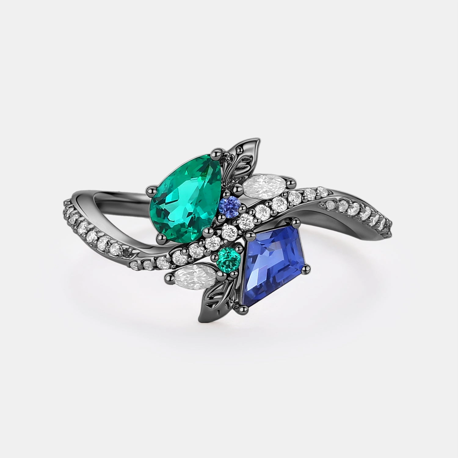 High-Quality Piece Unique Detail Toi Et Moi Lab Sapphire & Lab Emerald Engagement Ring - Nocturne
