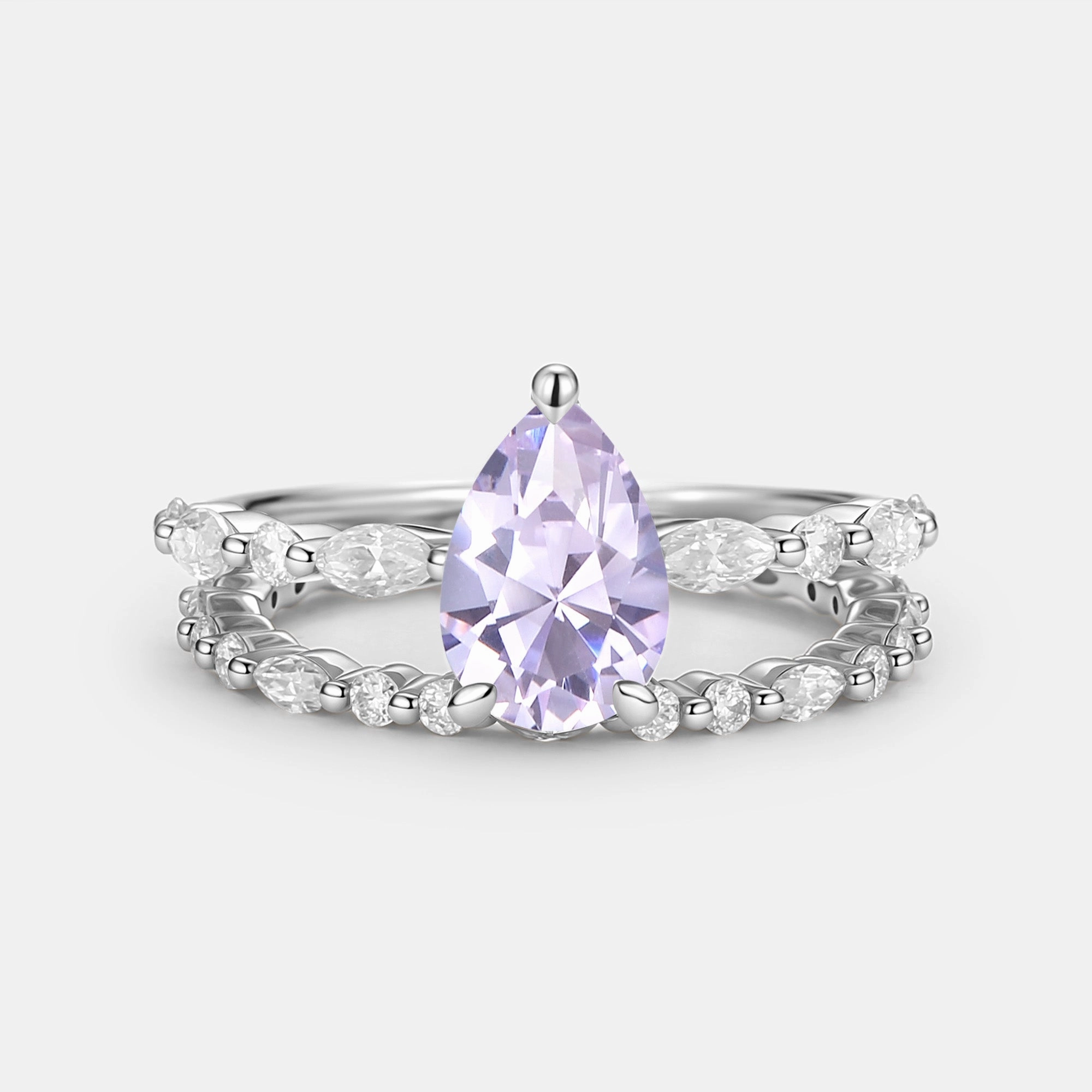 Pear Cut Lab Lavender Sapphire Engagement Ring Set 2pcs - Thalia Shiny Radiance Cocktail Hour