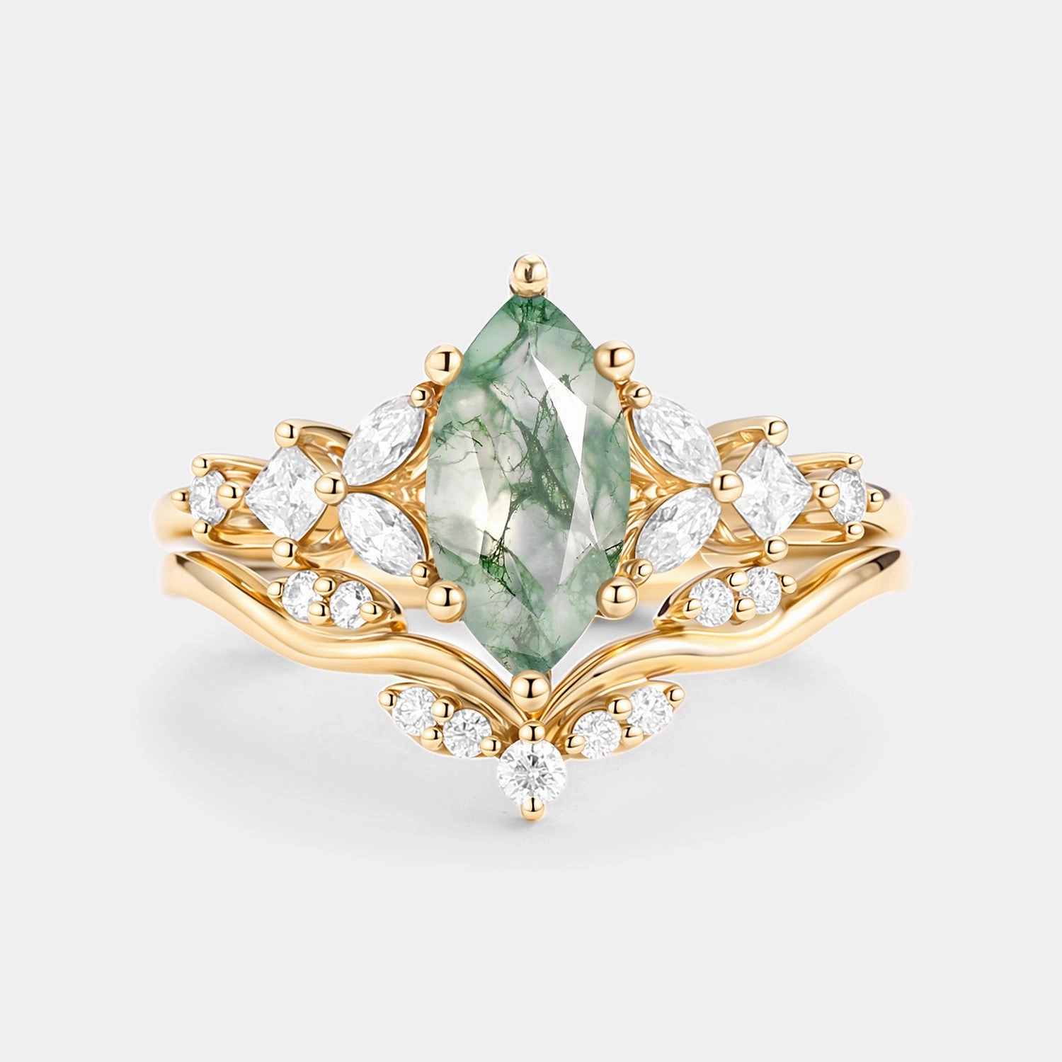 Marquise Cut Moss Agate Leafy Engagement Ring Sets 2pcs - Verger Lightweight Feel Bold Detail
