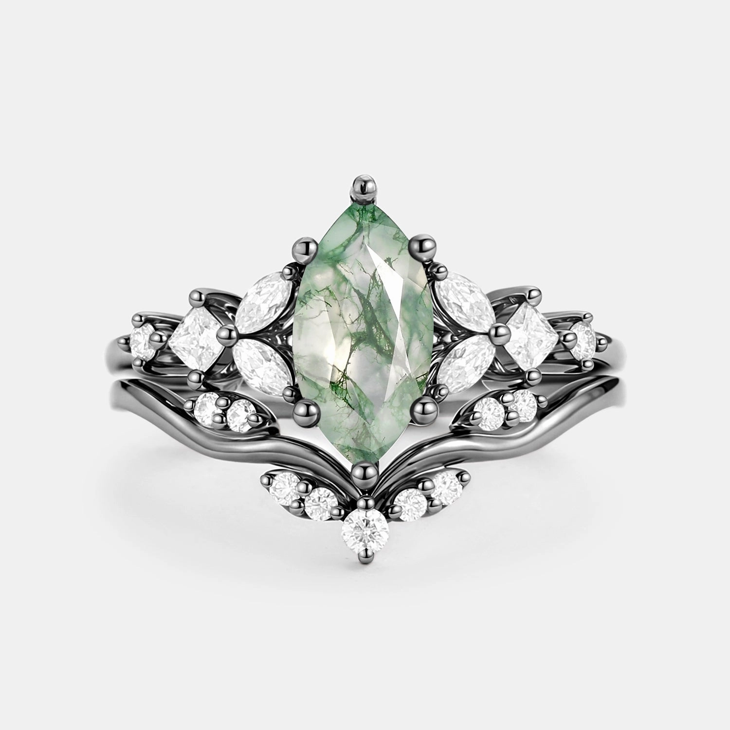 Delicate Sparkle Marquise Cut Moss Agate Leafy Engagement Ring Sets 2pcs - Verger