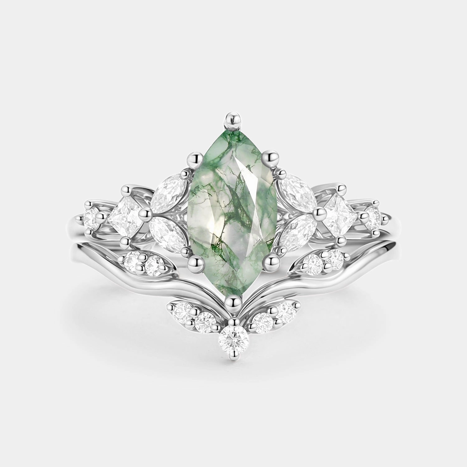 Daytime Sparkle Street Accent Marquise Cut Moss Agate Leafy Engagement Ring Sets 2pcs - Verger