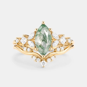 Marquise Cut Moss Agate Leafy Engagement Ring Sets 2pcs - Verger Lightweight Feel Bold Detail