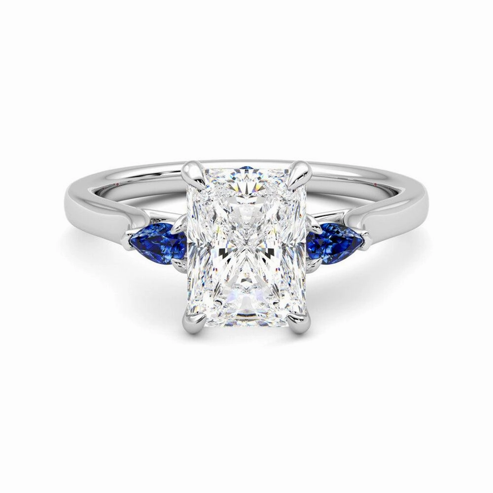 Three Stone Radiant Cut Moissanite Engagement Ring with Hidden Anniversary Stone Accent Distinctive Sparkle