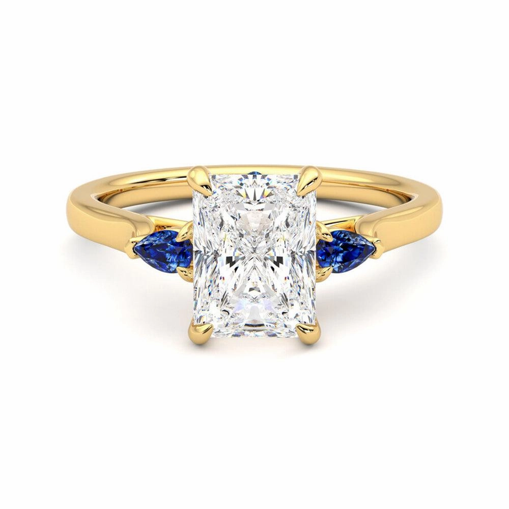 Three Stone Radiant Cut Moissanite Engagement Ring with Hidden Anniversary Stone Accent Muted Details