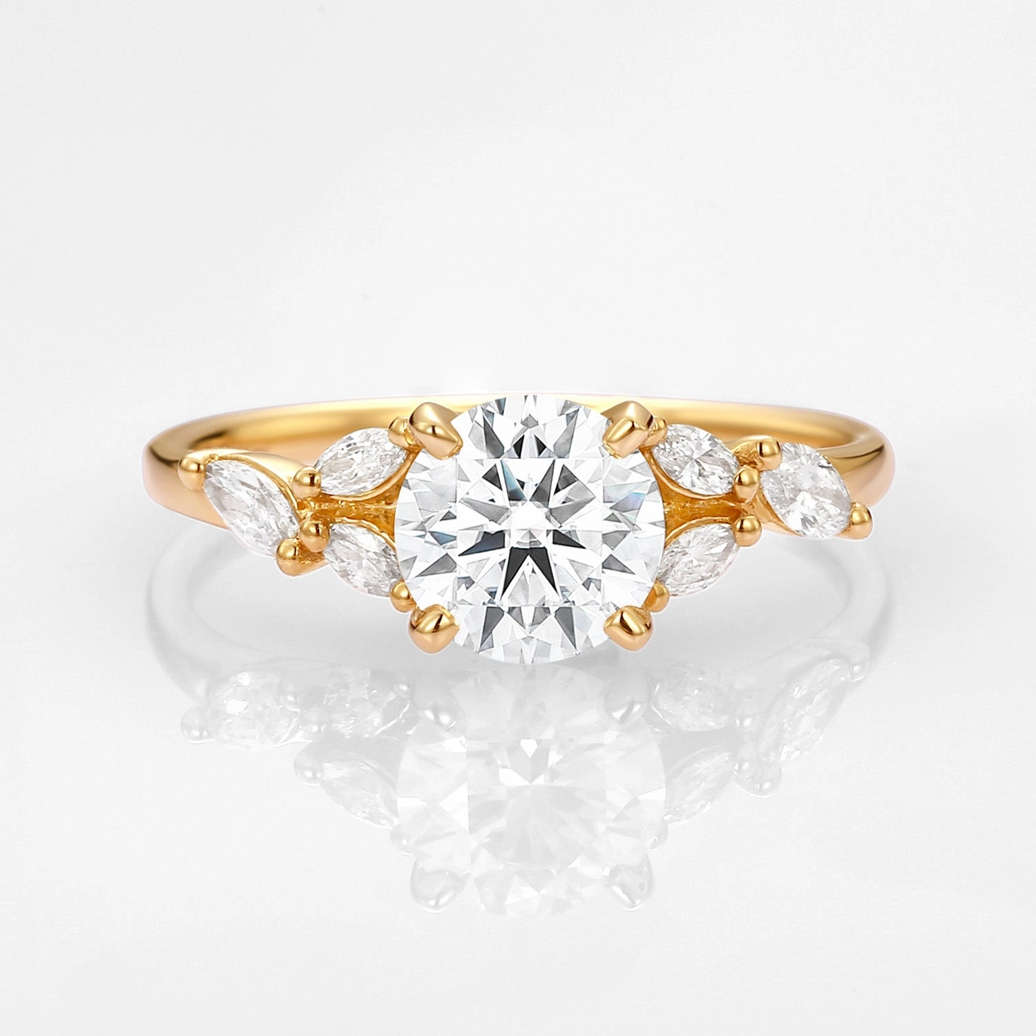 Contemporary Edge Vibrant Detail 1.0ct Moissanite Leafy Vine & Cluster Marquise Ring - Alora