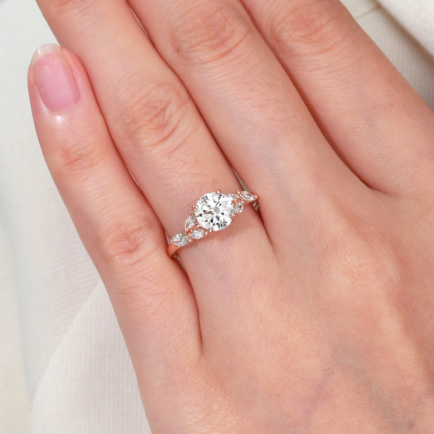 Signature Feature Handcrafted Finish 1.0ct Moissanite Leafy Vine & Cluster Marquise Ring - Alora