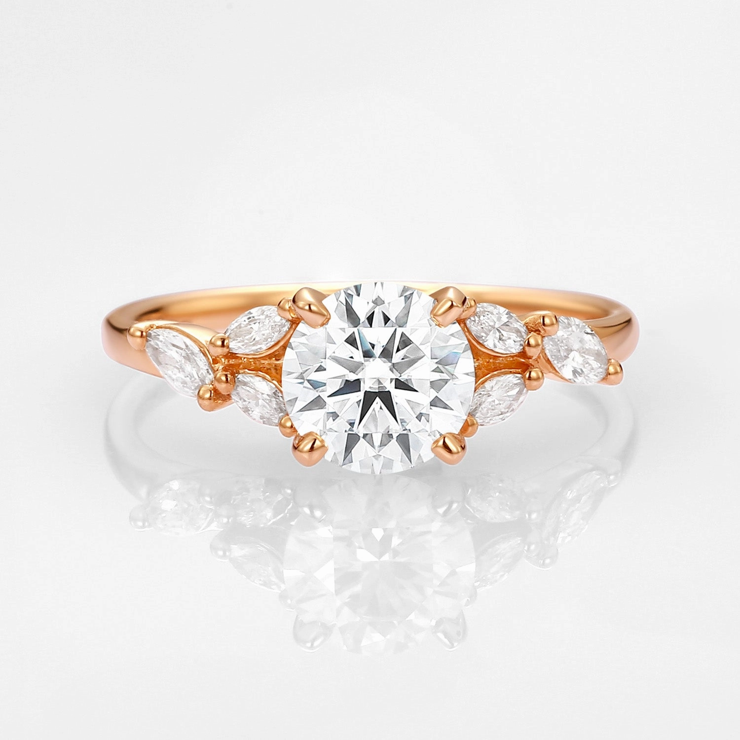 Flat Shot Unique Gem 1.0ct Moissanite Leafy Vine & Cluster Marquise Ring - Alora