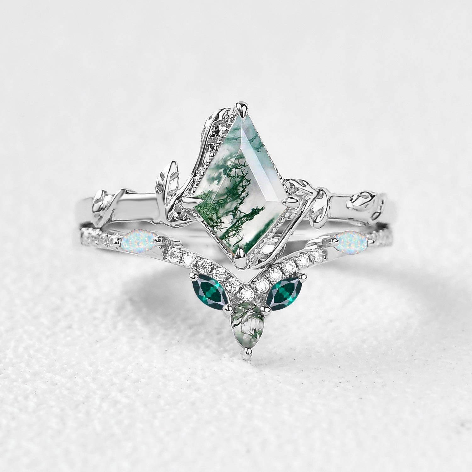 Kite Cut Moss Agate Leafy Opal & Emerald Engagement Ring Sets 2pcs - Lark Elegant Style Gloss Mode