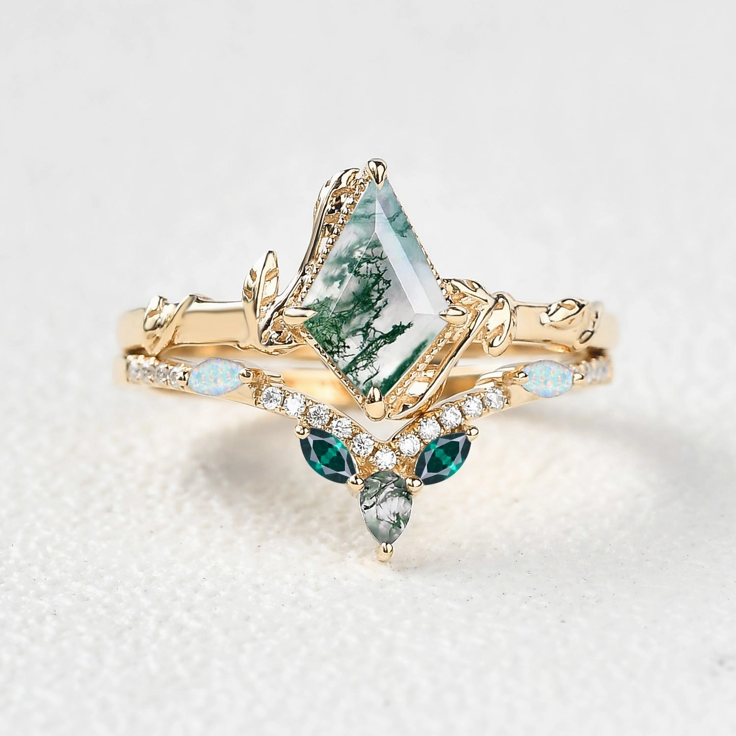 Gift Appeal Kite Cut Moss Agate Leafy Opal & Emerald Engagement Ring Sets 2pcs - Lark