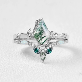Kite Cut Moss Agate Leafy Opal & Emerald Engagement Ring Sets 2pcs - Lark Shiny Jewelry Design Effortless Charm