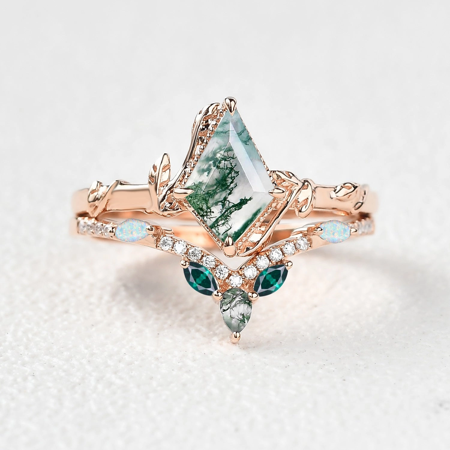 Kite Cut Moss Agate Leafy Opal & Emerald Engagement Ring Sets 2pcs - Lark Bright Glow Timeless Gift