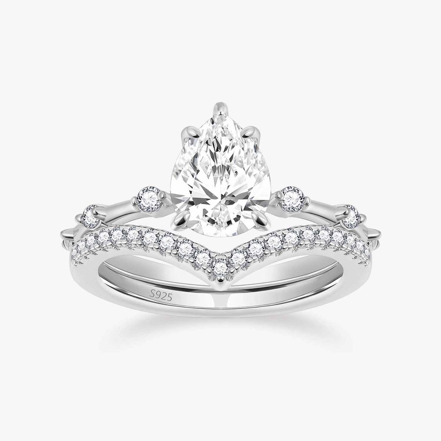 2CT 925 Sterling Silver Pear Shape Crown Engagement Ring Set Graceful Line