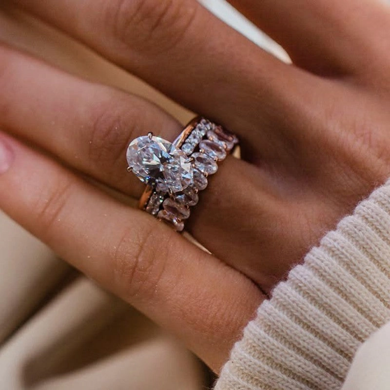 Luminous Highlight Delicate Craft 3PC 4.0Ct Oval Cut Wedding Ring Set With Oval Cut Wedding Band & Open Wedding Band