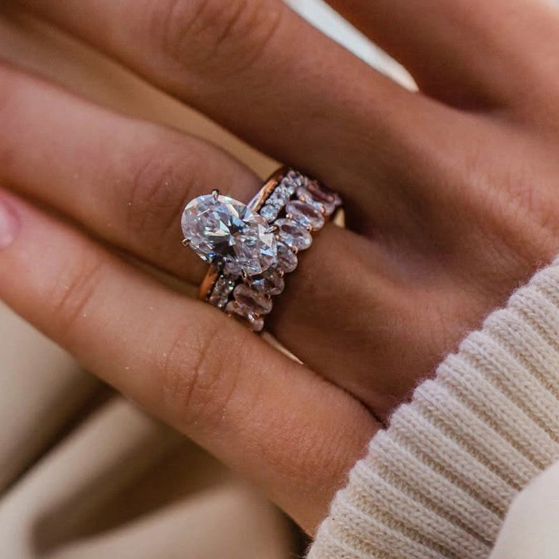 3PC 4.0Ct Oval Cut Wedding Ring Set With Oval Cut Wedding Band & Open Wedding Band Everyday Glam Statement Vibe