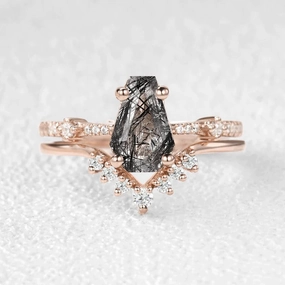 Finishing Feature 1.5ct Coffin Cut Black Rutilated Quartz Vintage Ring Set 2pcs