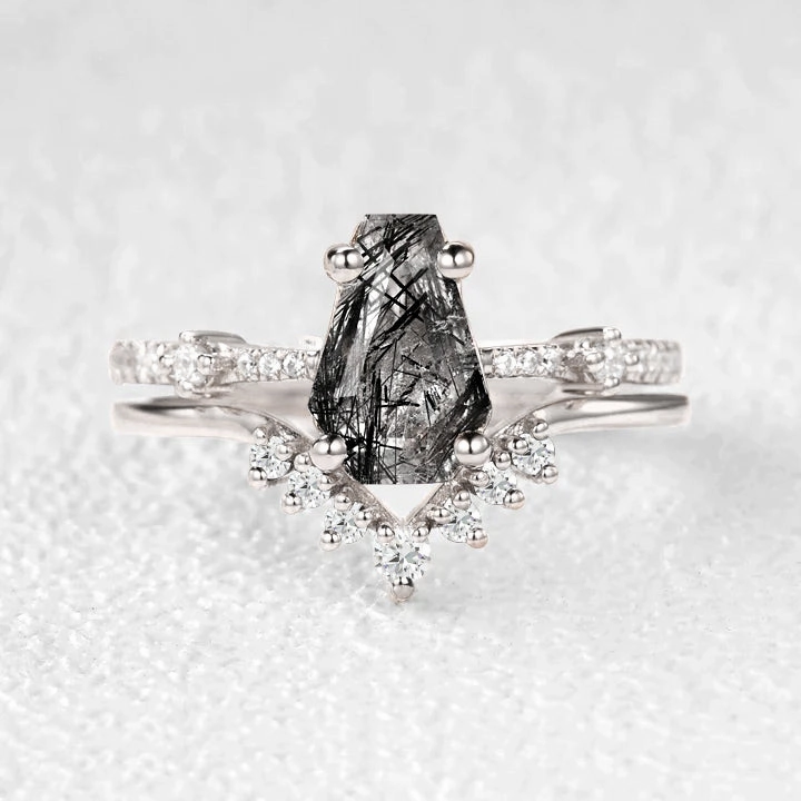 Exquisite Touch Evening Sparkle 1.5ct Coffin Cut Black Rutilated Quartz Vintage Ring Set 2pcs