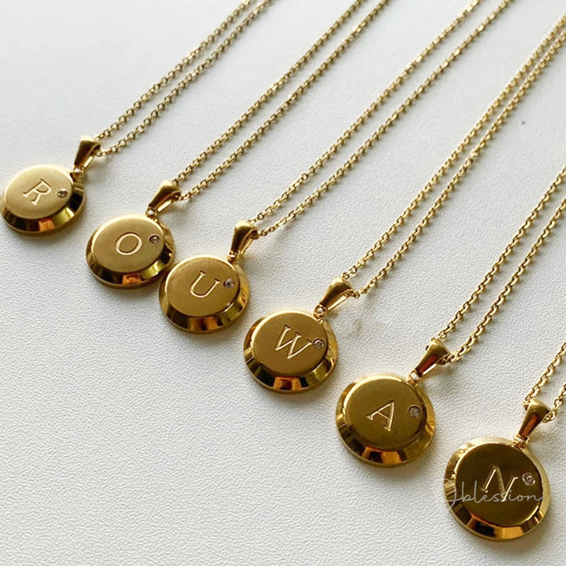 Gold Thick Disc Initial Necklace with CZ | Mechanic Style 18K Gold Pendant Initial Choker, Chunky Gold Charm Necklace, Initial Statement Beautiful Jewelry Subtle Accent