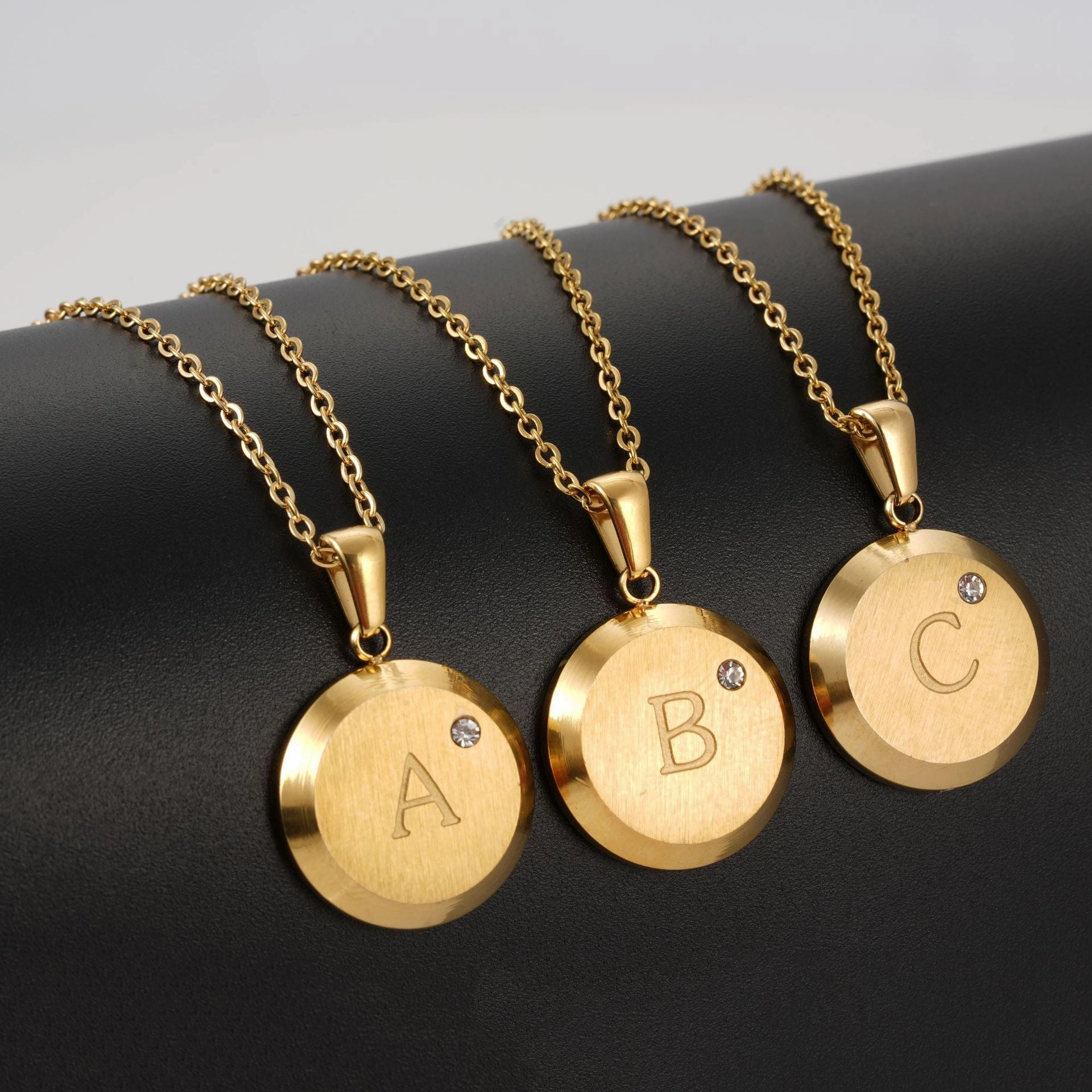 Versatile Style Gold Thick Disc Initial Necklace with CZ | Mechanic Style 18K Gold Pendant Initial Choker, Chunky Gold Charm Necklace, Initial Statement