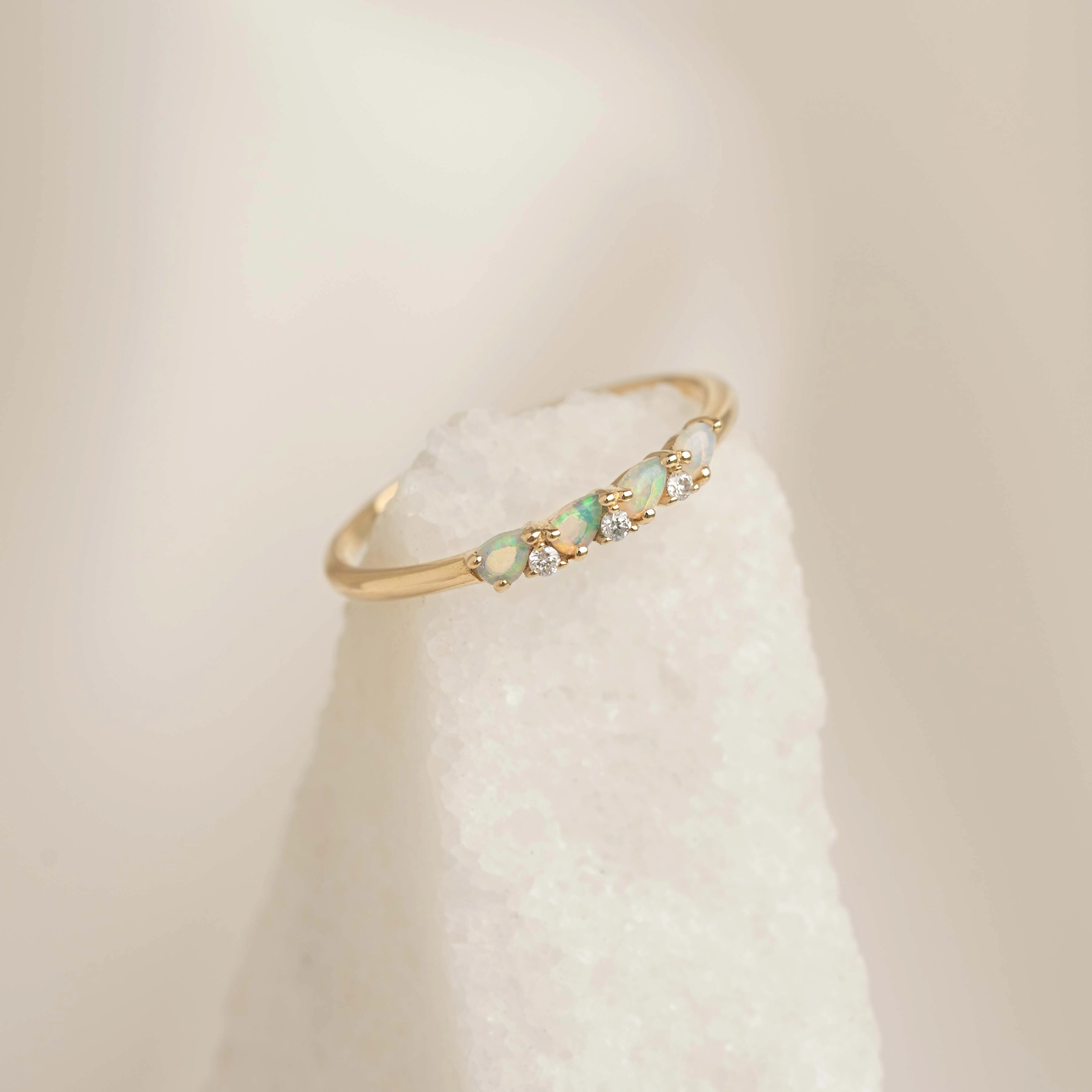 October Birthstone Pear Ring 14k Gold - Opal and Diamond Winter Gift Luxury Feel