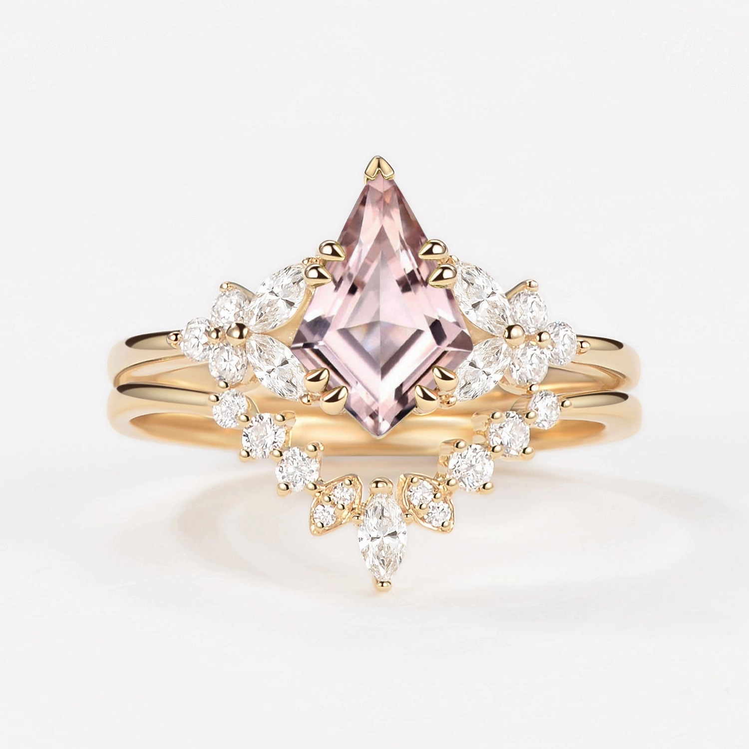 Soft Reflection Sophisticated Charm Kite Cut Morganite Flower Art-Deco Engagement Ring Set 2pcs