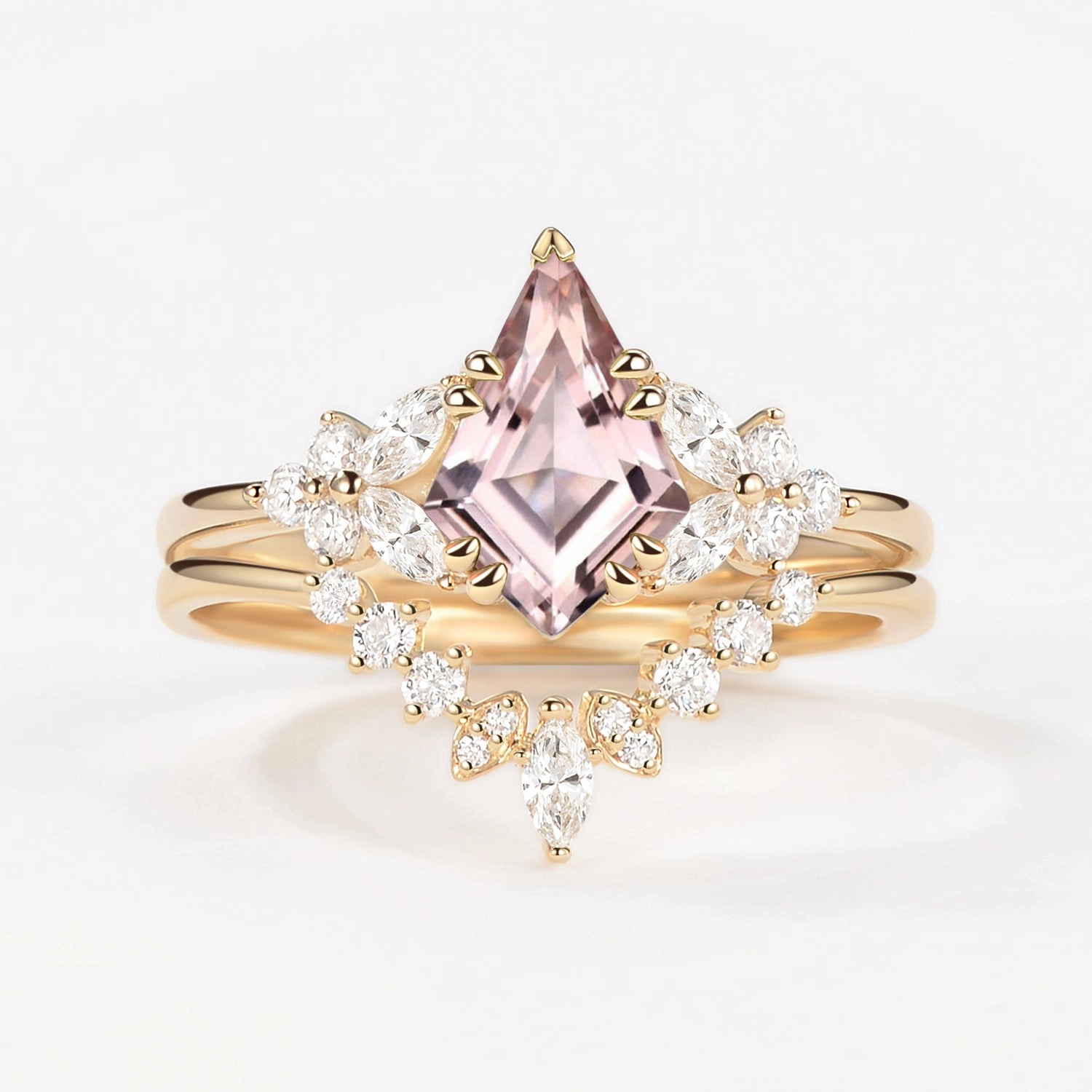 Kite Cut Morganite Flower Art-Deco Engagement Ring Set 2pcs Bold Style