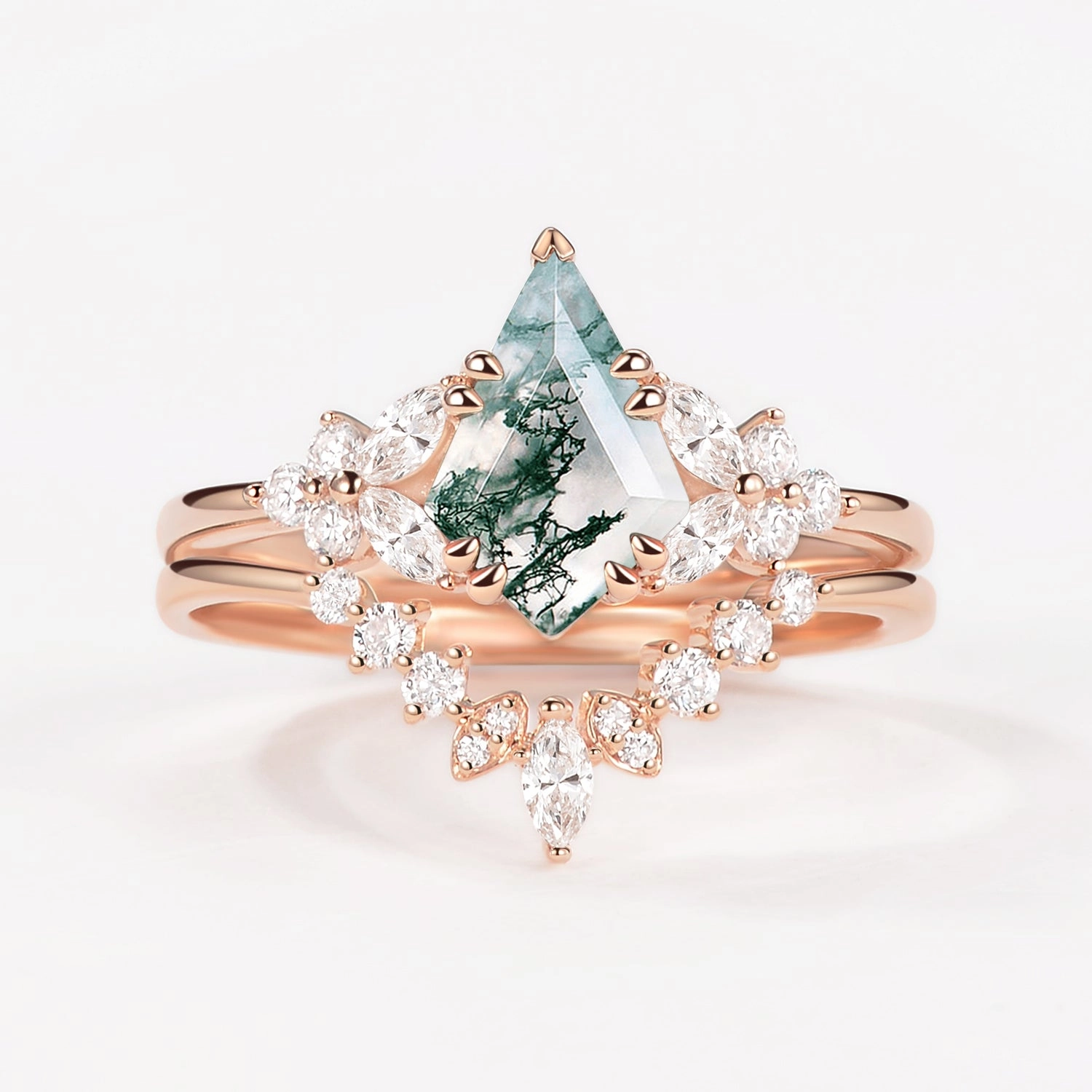 Handmade Design Lifestyle Fit Kite Cut Morganite Flower Art-Deco Engagement Ring Set 2pcs