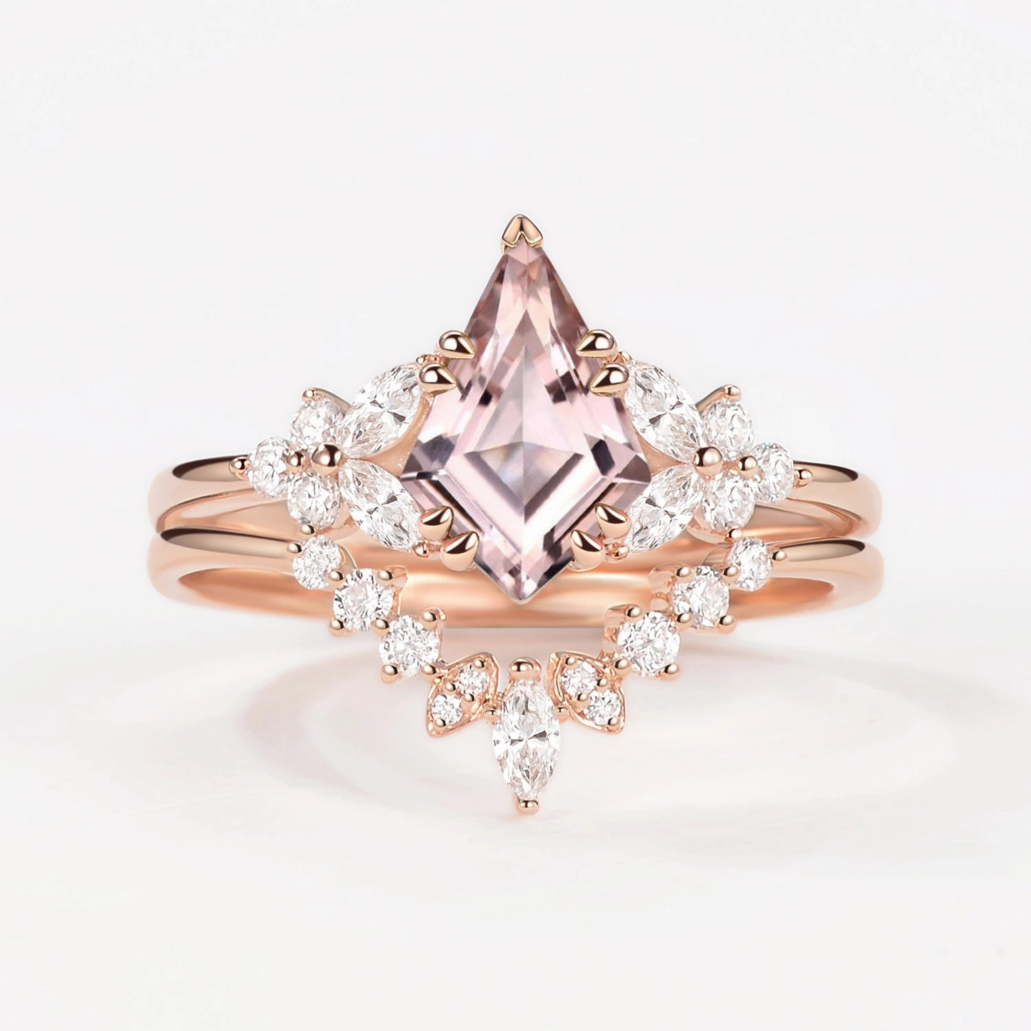 Natural Shine Modern Accent Kite Cut Morganite Flower Art-Deco Engagement Ring Set 2pcs