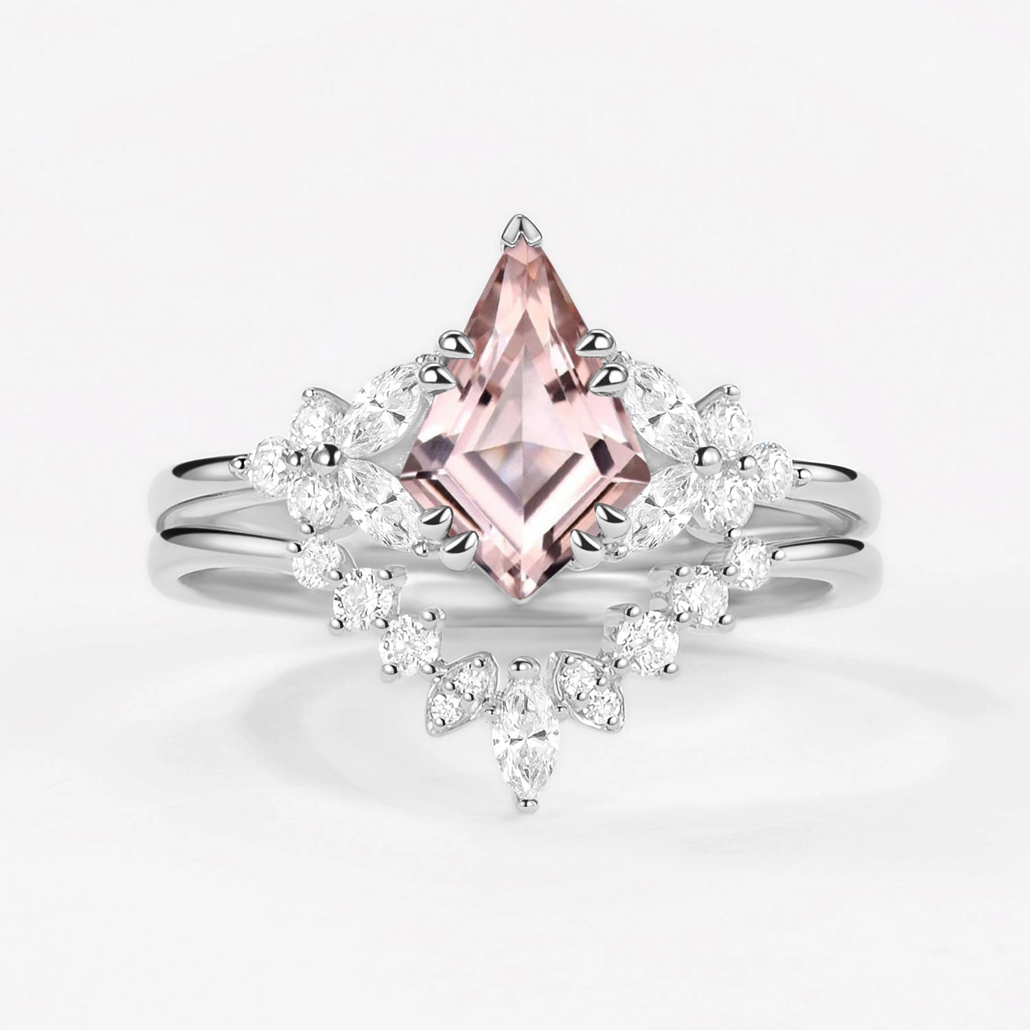 Kite Cut Morganite Flower Art-Deco Engagement Ring Set 2pcs Textured Accent