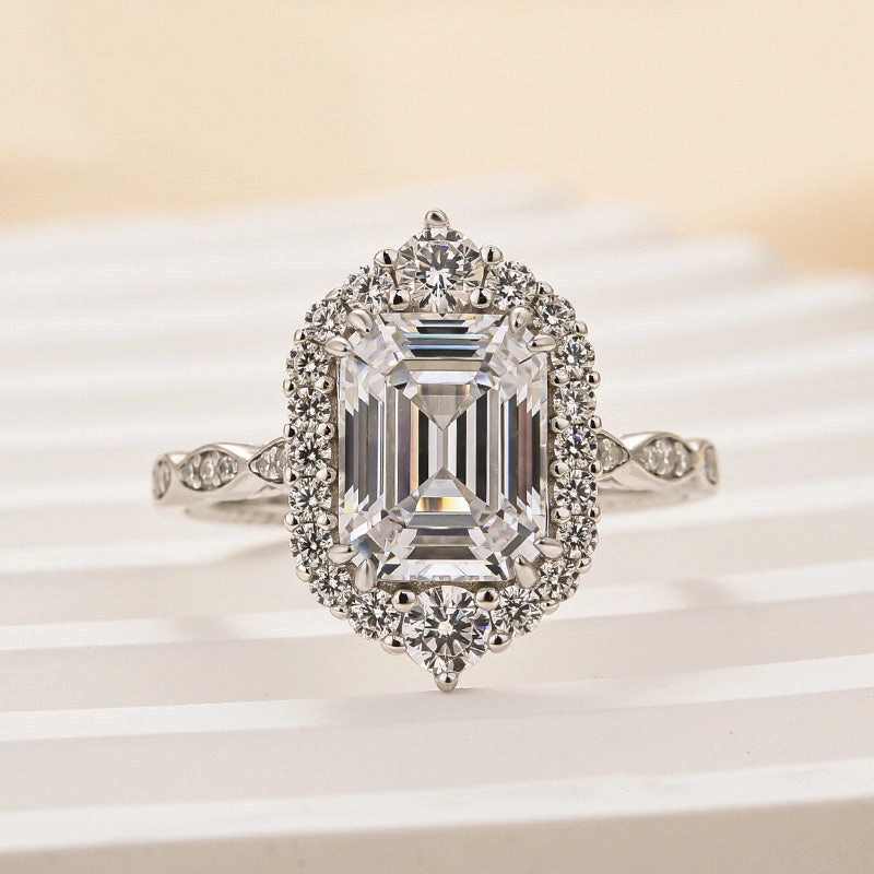 Stylish Sparkle Louily Vintage Halo Emerald Cut Engagement Ring In Sterling Silver