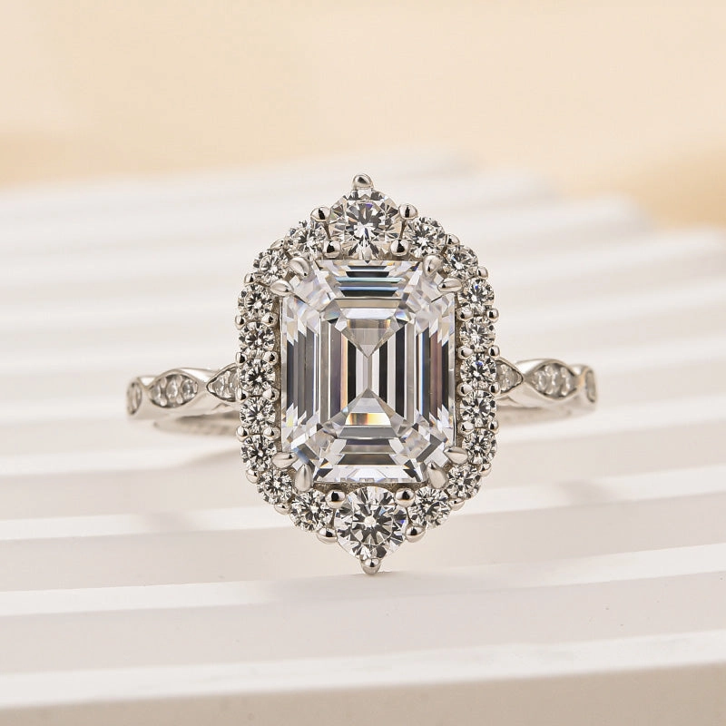 Exquisite finish Classic Attire Louily Vintage Halo Emerald Cut Engagement Ring In Sterling Silver