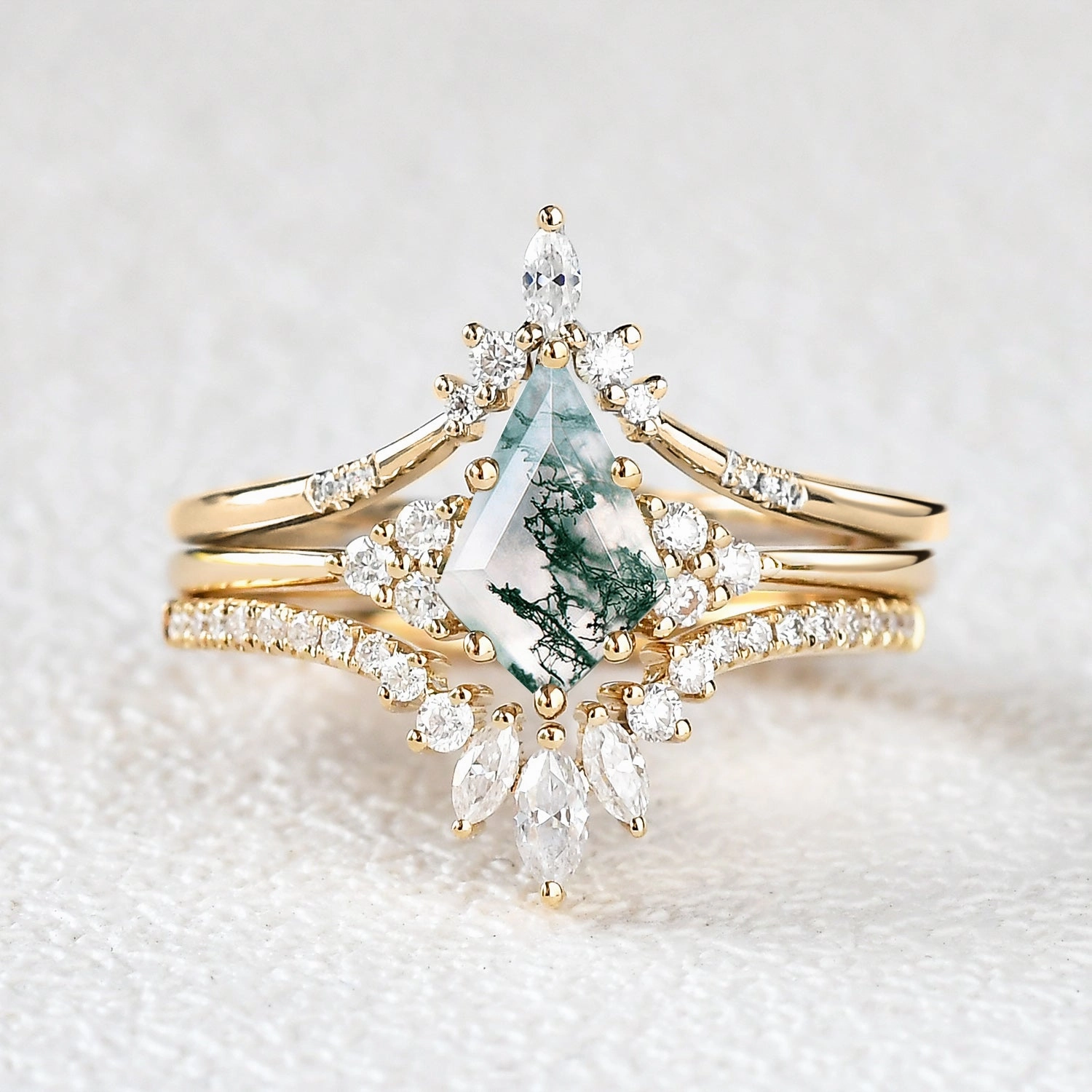 Women Kite Cut Moss Agate Engagement Ring Set 3pcs Exclusive Treasures