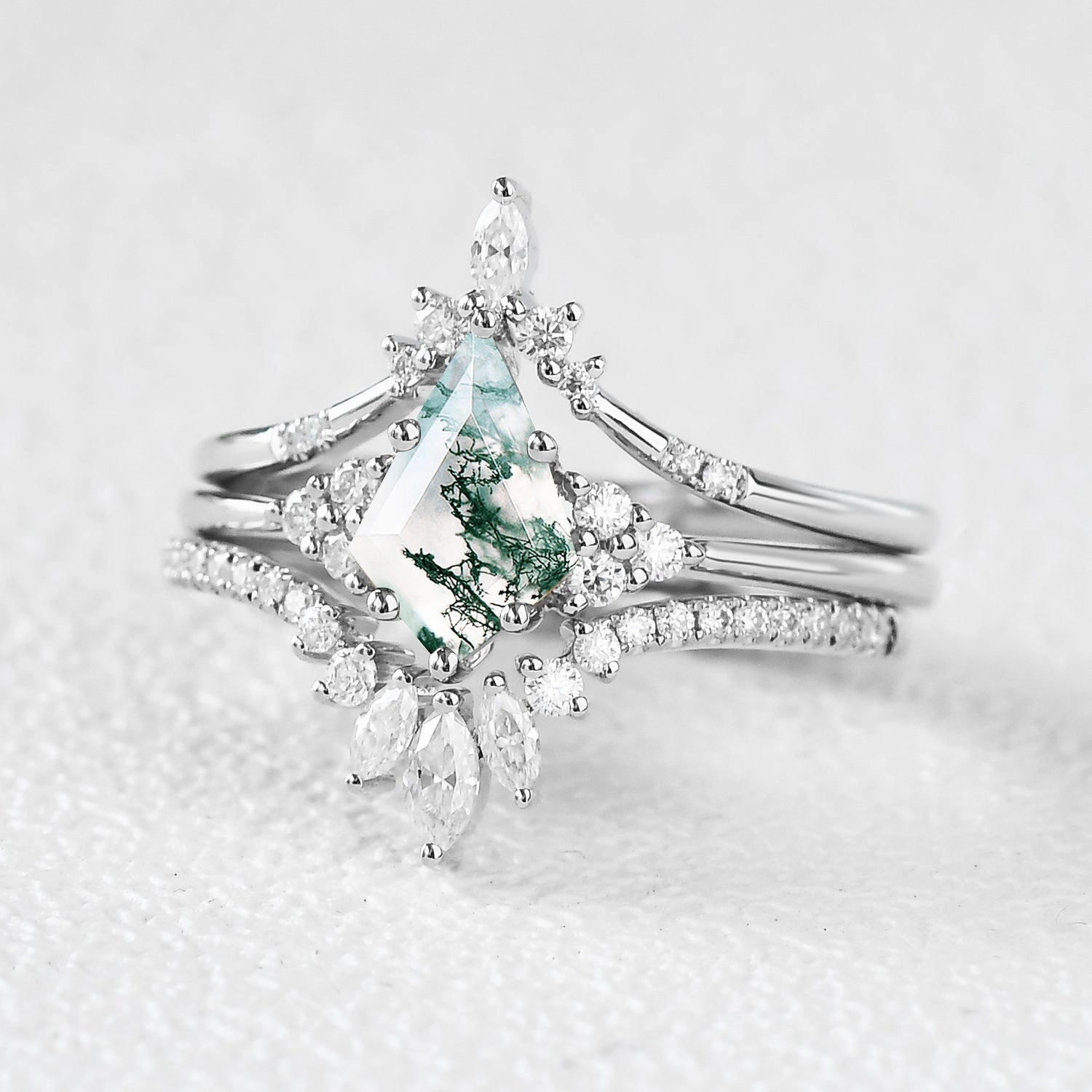 Women Kite Cut Moss Agate Engagement Ring Set 3pcs Casual Classic