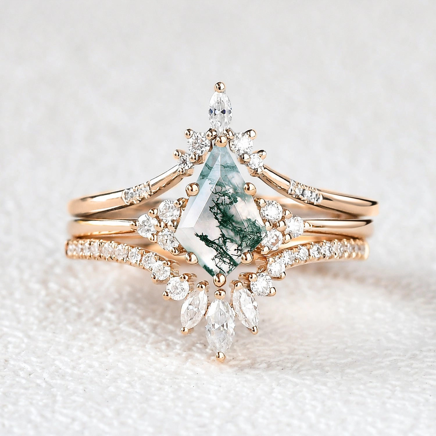 Women Kite Cut Moss Agate Engagement Ring Set 3pcs Sparkling Detail