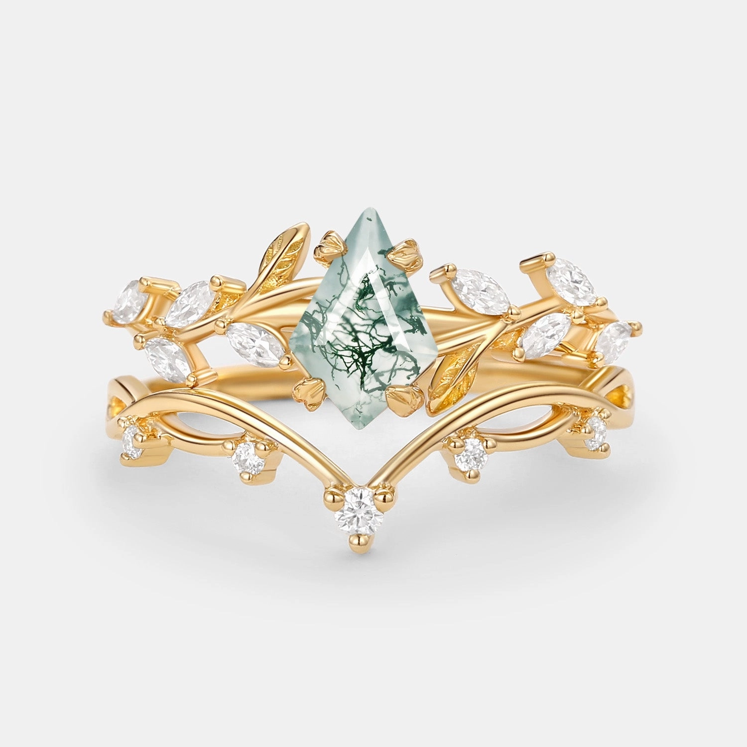Statement Glow Artisan Style Kite Cut Moss Agate Leafy Cluster Engagement Ring Sets 2pcs