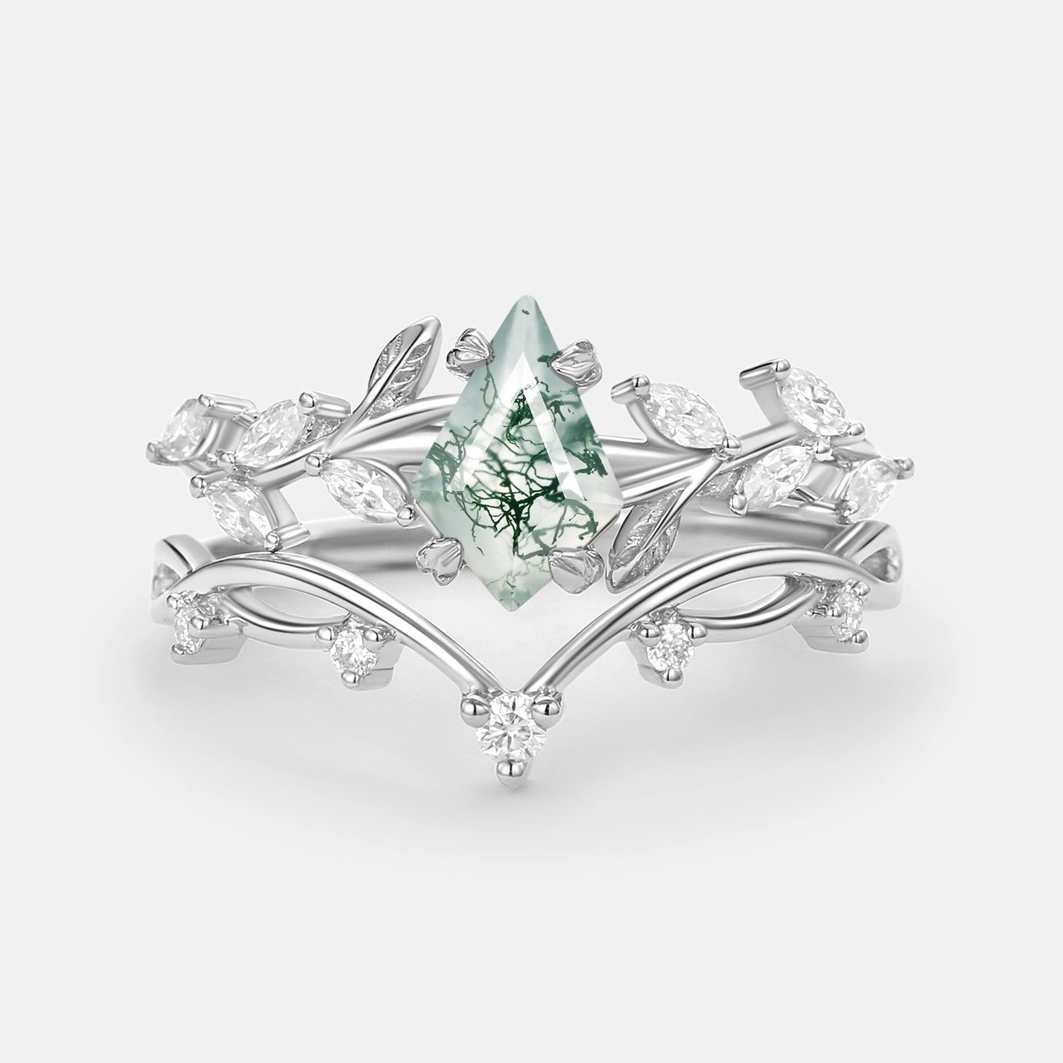 Kite Cut Moss Agate Leafy Cluster Engagement Ring Sets 2pcs refined design Luxurious Touch