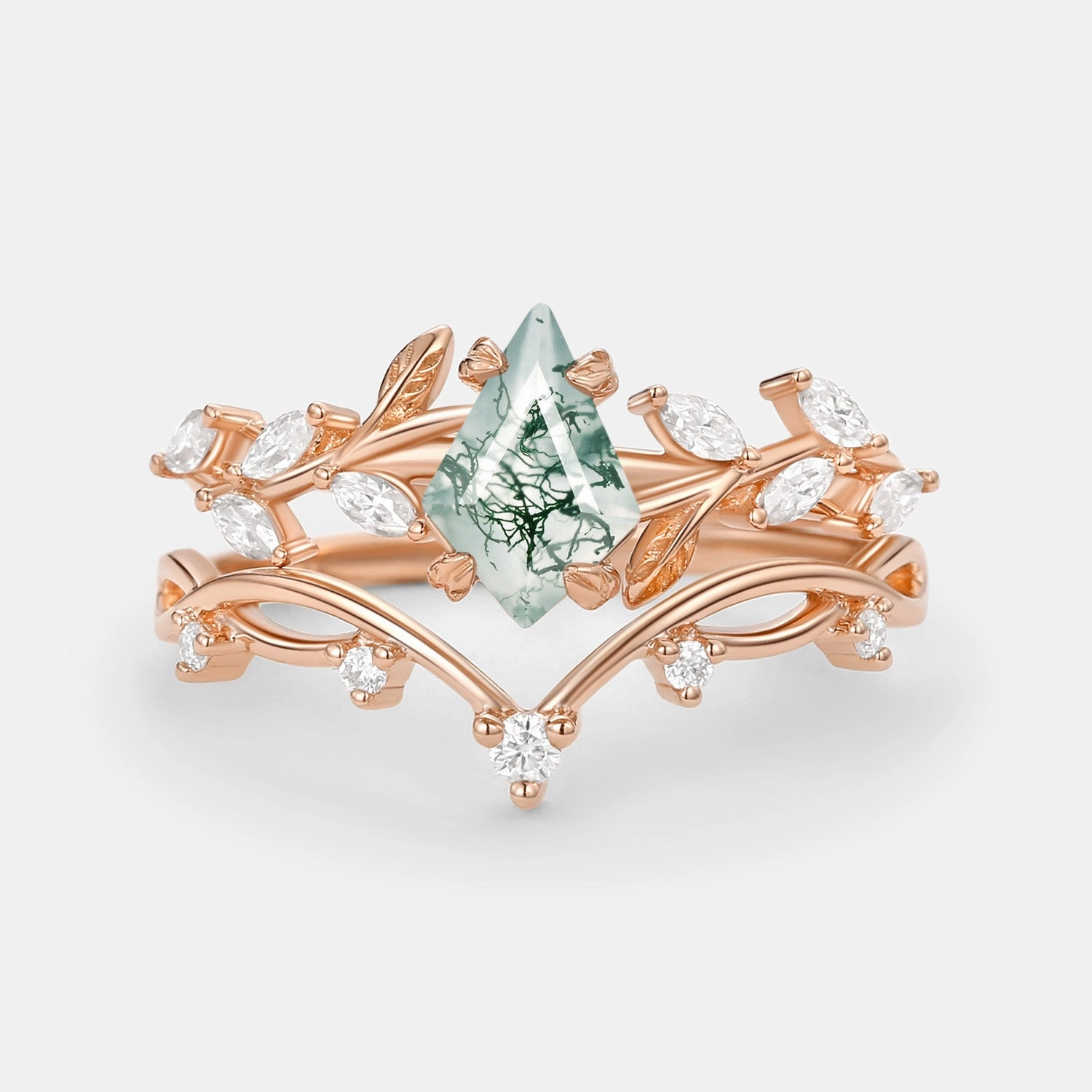 Kite Cut Moss Agate Leafy Cluster Engagement Ring Sets 2pcs Vibrant Accessories Alluring Accent