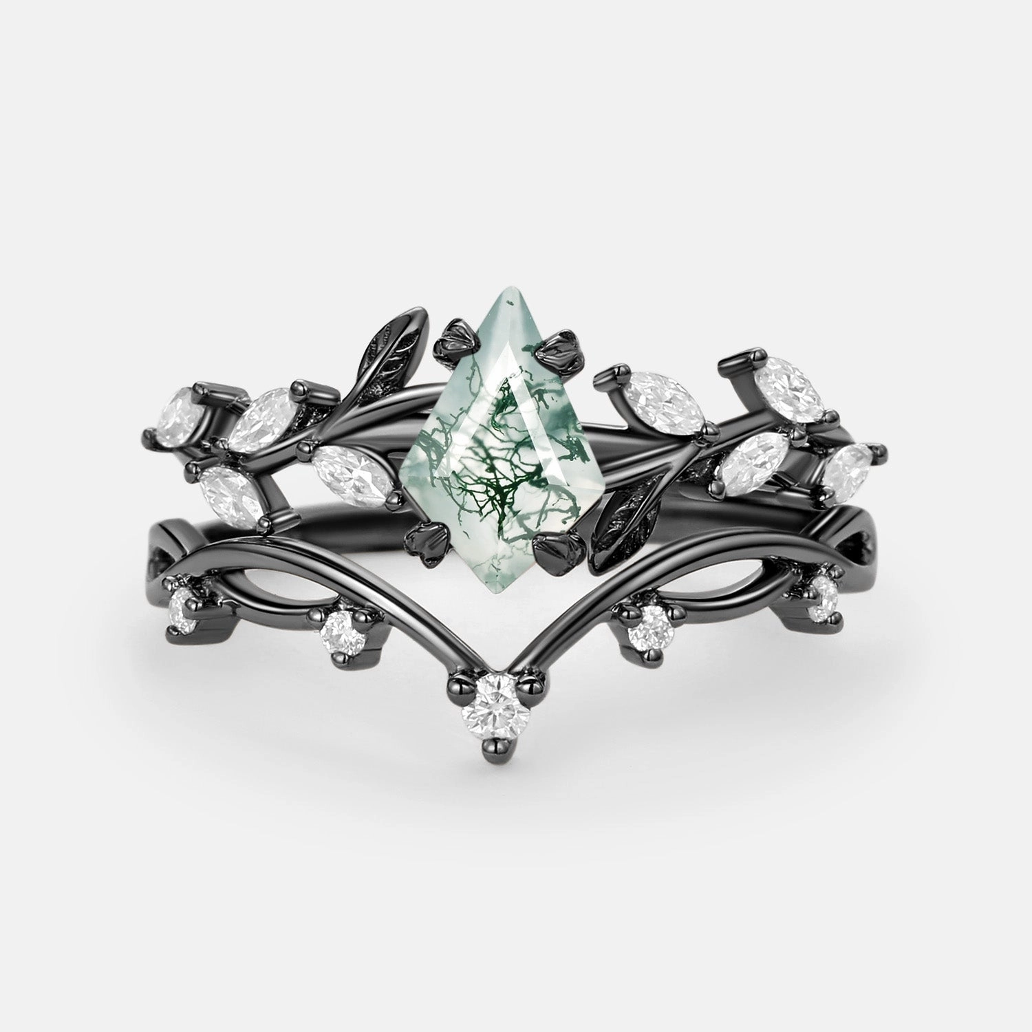 Kite Cut Moss Agate Leafy Cluster Engagement Ring Sets 2pcs Romantic Occasion Elegant feature
