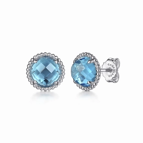 925 Sterling Silver Bujukan Blue Topaz Stud Earrings Colorful Embellishment