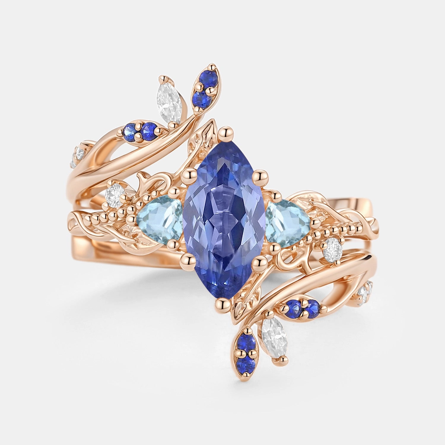Marquise Lab Cornflower Sapphire Leafy Engagement Ring Sets 2pcs - Thistle Signature Flair Mature Style