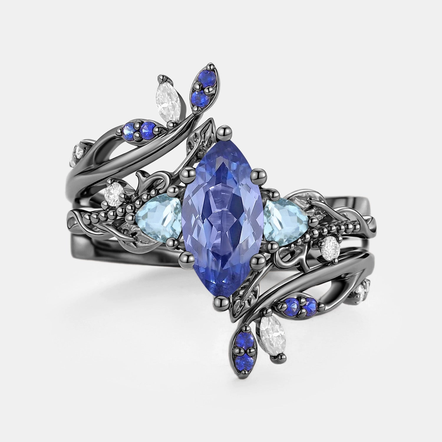 Gleam Accent Marquise Lab Cornflower Sapphire Leafy Engagement Ring Sets 2pcs - Thistle
