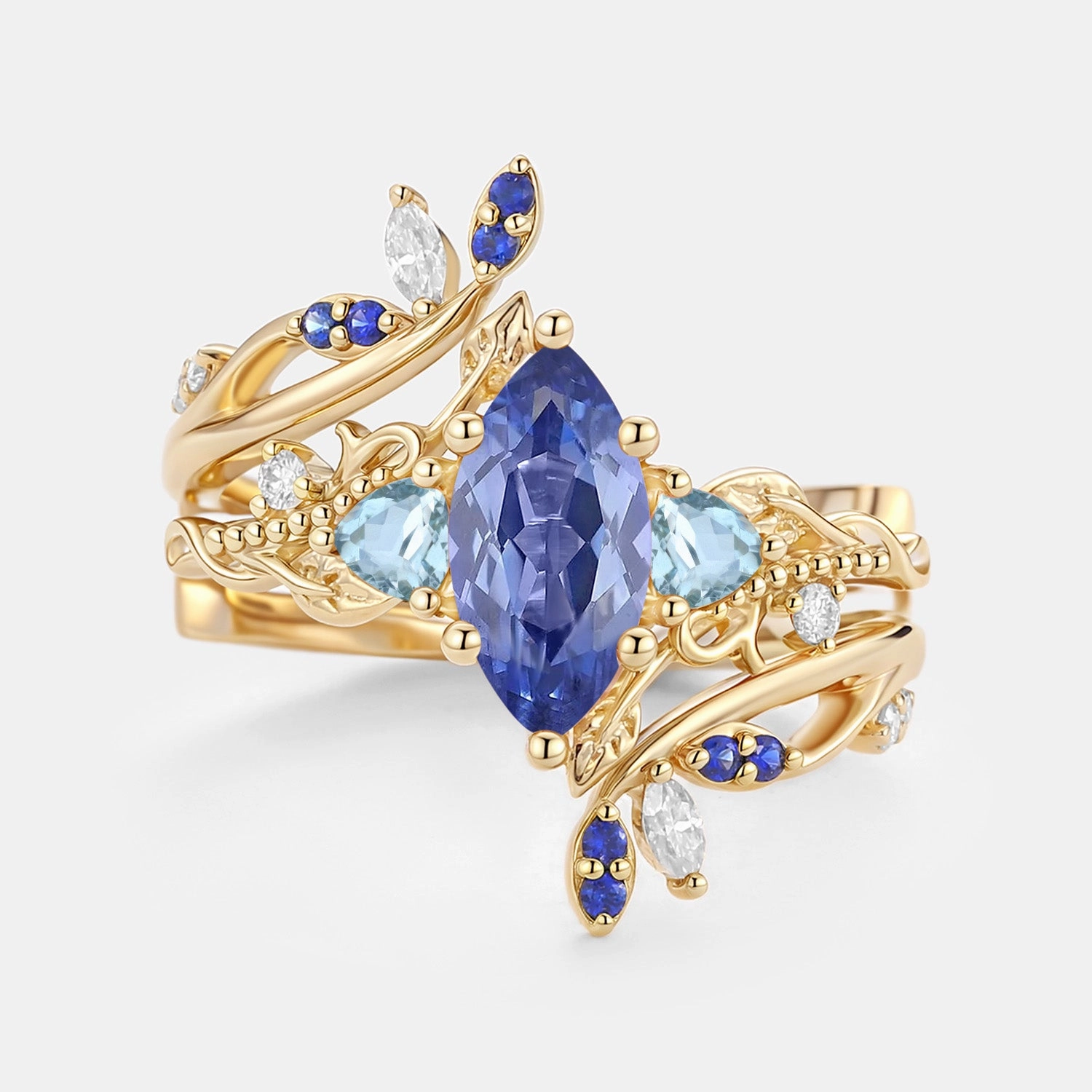 Fashion Element Marquise Lab Cornflower Sapphire Leafy Engagement Ring Sets 2pcs - Thistle