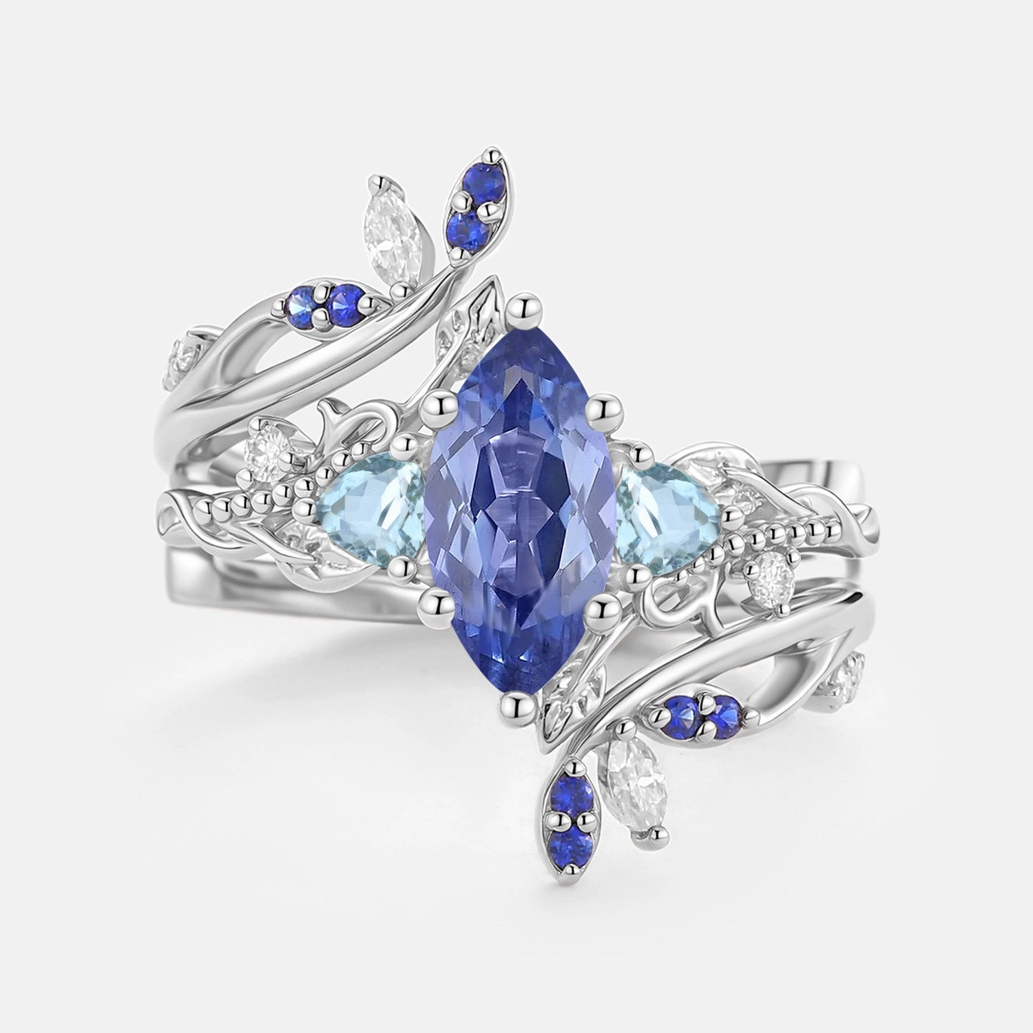 Marquise Lab Cornflower Sapphire Leafy Engagement Ring Sets 2pcs - Thistle Flawless Radiance Event Edge