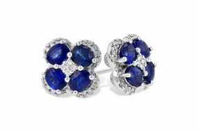 Evening Outfit Floral Cluster Oval Sapphire Diamond Earrings 14K White Gold