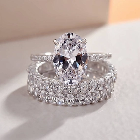 Louily Stunning Oval Cut 3PC Wedding Ring Set In Sterling Silver Fine Accent Light Spark