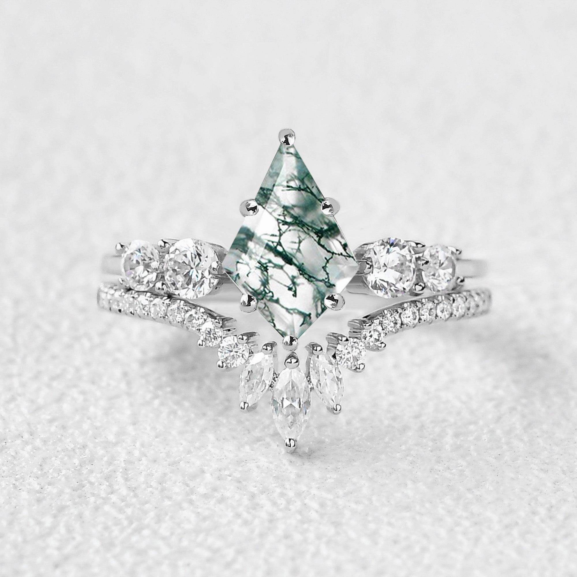 Round Staccato Kite Cut Moss Agate Engagement Ring Set 2pcs Inspired Feature